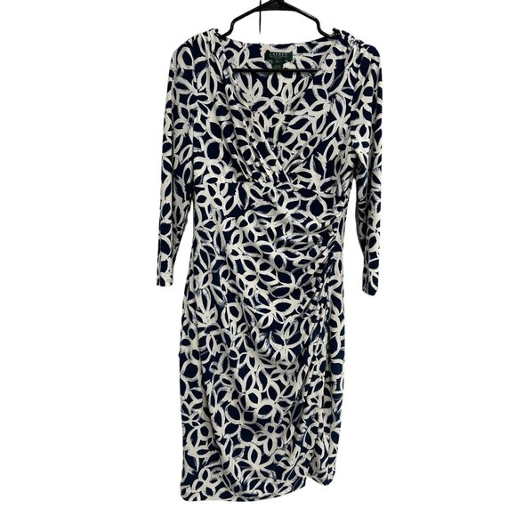 Lauren Ralph Lauren Womens Faux Wrap Navy White Patterned Dress 3/4 Sleeves Sz 6 - Picture 1 of 9